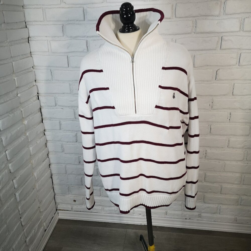 United Colors of Benetton Ladies Size XL White w/ Burgundy Stripes Sweater